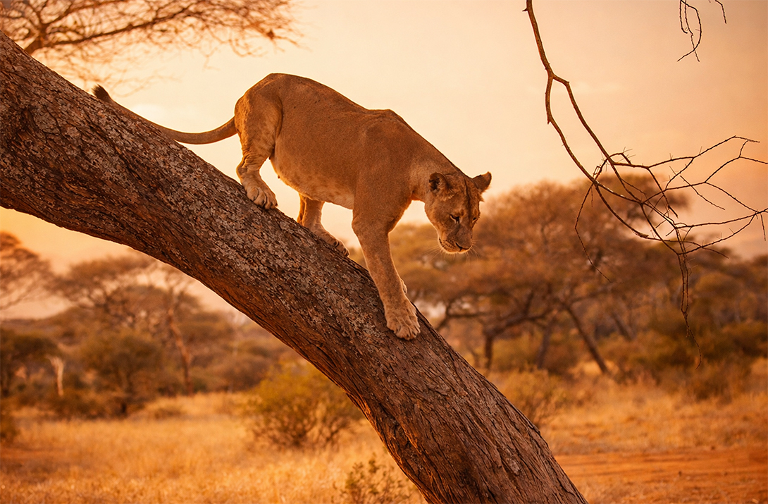 Lioness descending a tree in the Serengeti at sunset, Tanzania safari wildlife scene