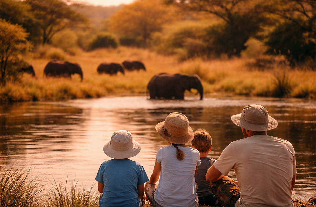 Family watching elephants at a waterhole in Tarangire National Park during a private Tanzania safari
